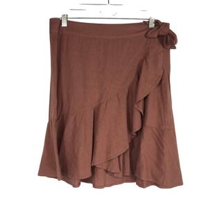 Free People Linen Blend Wrap Ruffle Midi Skirt Rust Brown Size 6